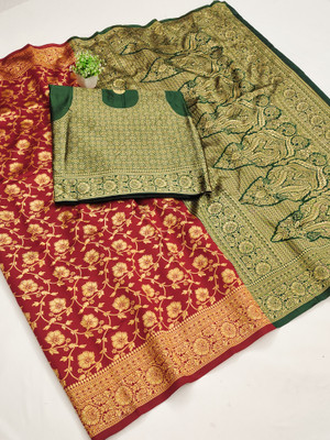 HB VENTURE Applique Banarasi Jacquard Saree(Maroon)