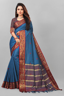 SHREE NATH CREATION Checkered, Paisley Banarasi Cotton Silk, Cotton Blend Saree(Dark Blue)