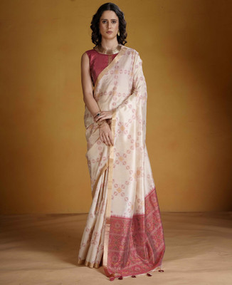 erika Woven Bandhani Cotton Silk Saree(White, Red)