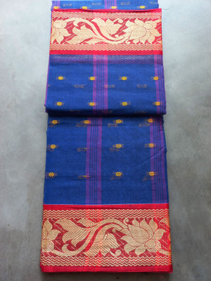 J KunduHouse Self Design Tant Pure Cotton Saree(Blue)