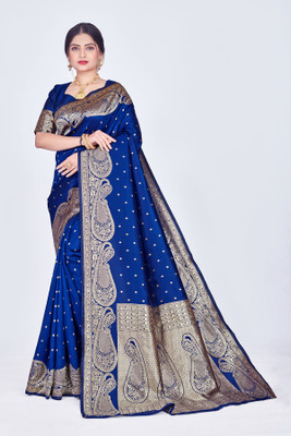 SHRIMAY Printed Bollywood Cotton Blend Saree(Blue)