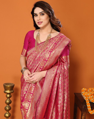 YASHIKA Self Design Kanjivaram Silk Blend Saree(Pink)