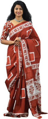 Clothonus Printed Ikkat Pure Cotton Saree(Maroon)