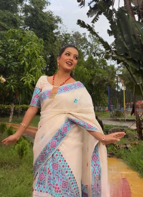 Sheden Lopez Creation Woven Mekhela Chador Cotton Blend Saree(White)