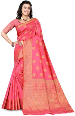 SQUHO Woven Banarasi Jacquard Saree(Pink)