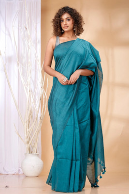 GOLU Solid/Plain Handloom Cotton Blend Saree(Light Blue)