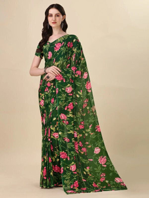 Dori Printed, Floral Print Daily Wear Georgette Saree(Dark Green)