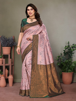 The Style Sanctuary Floral Print, Woven Banarasi Silk Blend Saree(Beige, Purple)