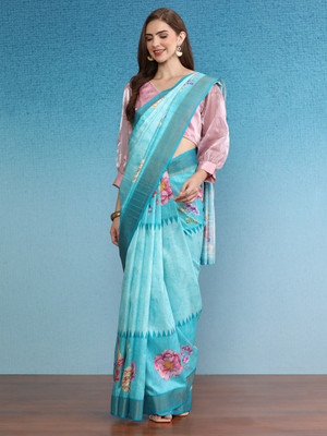 Divastri Printed Daily Wear Tussar Silk Saree(Light Blue)