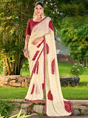 Pandadi Saree Printed Bollywood Chiffon Saree(Cream, Maroon)