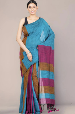 SRIJITA SAREE CENTER Striped Handloom Khadi Saree(Light Blue)