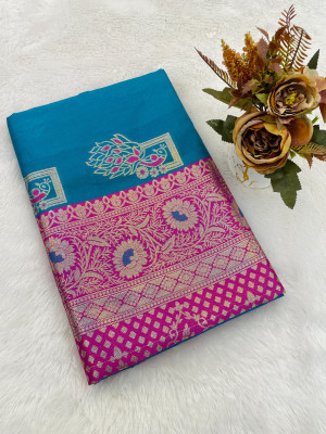 RS Creations Woven, Floral Print, Embellished Ikkat Art Silk Saree(Blue)