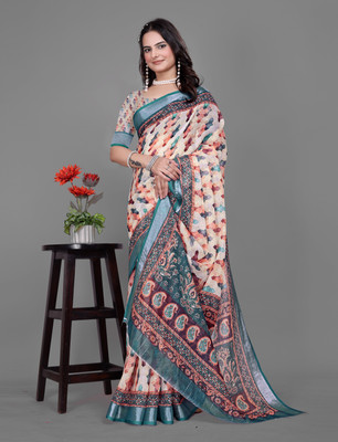 HouseOfCommon Printed Kanjivaram Pure Cotton, Cotton Linen Saree(Multicolor)