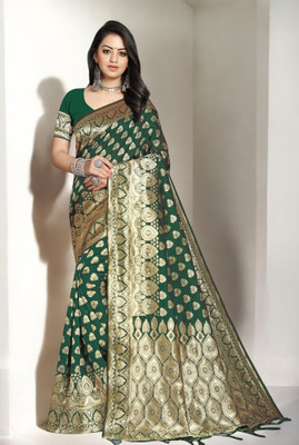 Pikham Self Design Banarasi Art Silk Saree(Dark Green)