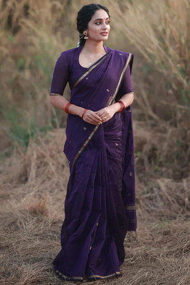WOMENELEGENCE Printed Banarasi Cotton Silk Saree(Purple)