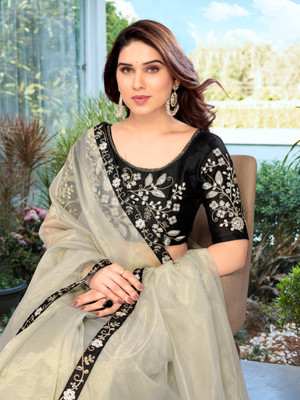 Ashiya Fab Temple Border Kantha Net Saree(Grey)