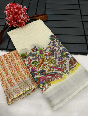 PRTRENDZ Printed Kanjivaram Pure Cotton, Cotton Linen Saree(Cream)