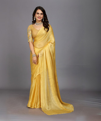 RHEY Embroidered, Solid/Plain Bollywood Georgette Saree(Yellow)