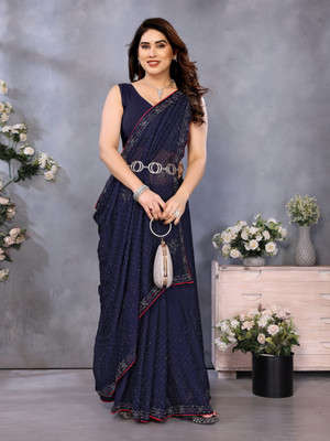 Sareeve Embellished, Solid/Plain Bollywood Chiffon, Georgette Saree(Dark Blue)