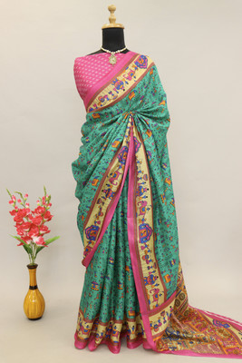 Kjs Printed Kalamkari Cotton Blend Saree(Multicolor)