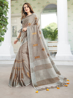 Tasrika Embroidered Handloom Linen Saree(Beige)