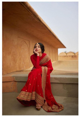 shree maruti fashion Embroidered Bollywood Georgette Saree(Red)