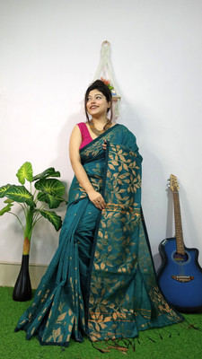 RIDDHIMAN FASHION Self Design Handloom Cotton Blend Saree(Green)