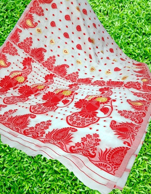 Kanokanjoli Printed Jamdani Handloom Cotton Blend Saree(Multicolor)