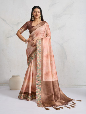 RekhaManiyar Printed Saree with Attached Blouse Silk Blend Saree(Brown)