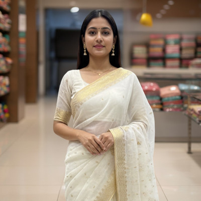 AlbellaFashions Embroidered Kasavu Cotton Linen Saree(White)