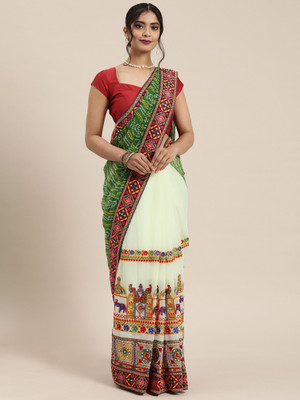 Divastri Printed, Color Block Bandhani Georgette Saree(Green)