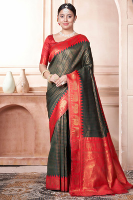 ROOP LAVANYA Woven Kanjivaram Jacquard, Art Silk Saree(Dark Green, Red)