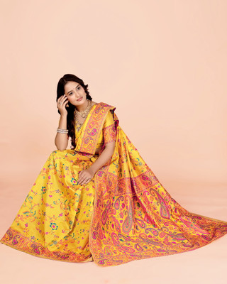 NEZAA EXPORT Woven Kanjivaram Pure Cotton Saree(Yellow)