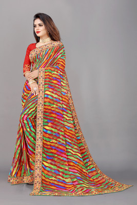 LAKHADATARI PRINTS Printed Leheria Georgette Saree(Red)