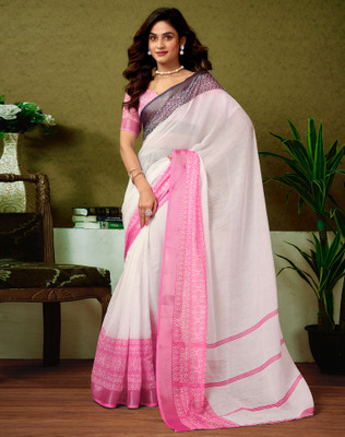 Divastri Digital Print, Floral Print, Printed Bollywood Linen Saree(White)