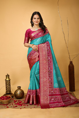 yanish Digital Print, Woven Kalamkari Art Silk Saree(Light Blue, Pink)