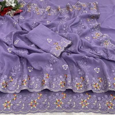 niesha fashion Embroidered Bollywood Chiffon Saree(Purple)