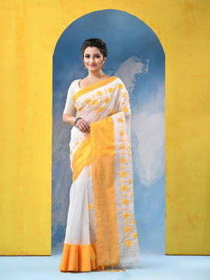 Desh Bidesh Self Design Tant Handloom Pure Cotton Saree(Yellow, White)