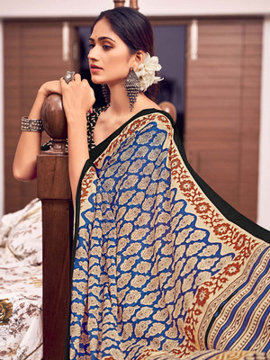 all about you Printed Bollywood Cotton Blend Saree(Blue)