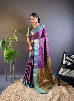 all about you Woven Banarasi Silk Blend Saree(Purple)