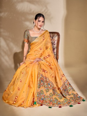 Sareemall Embroidered Banarasi Cotton Blend Saree(Yellow)