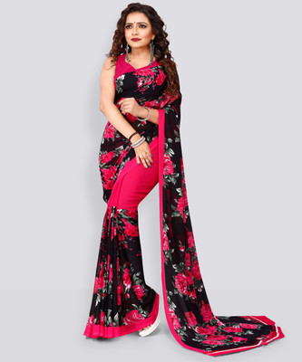 Anand Sarees Floral Print Daily Wear Georgette Saree(Pink, Black)