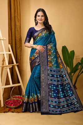 AEDYM Woven, Floral Print, Geometric Print, Self Design Kalamkari Cotton Silk Saree(Blue)