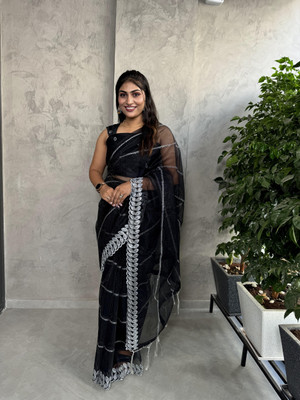 TIRTH CREATION Embroidered Bollywood Supernet Saree(Black, Silver)