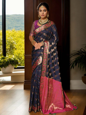 ANOUK Woven Mysore Linen Saree(Blue)