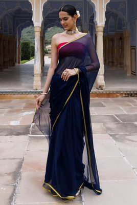 LIME Solid/Plain Saree with Attached Blouse Chiffon Saree(Black)