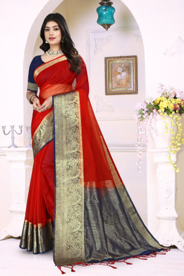 Aarunika MNT Solid/Plain Bollywood Organza Saree(Red)
