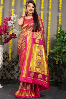 Maruti Art Woven Kanjivaram Silk Blend Saree(Gold, Pink)