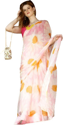 Digidrapes Floral Print Chanderi Chiffon Saree(Pink)
