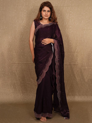 ANOUK Embellished Saree with Attached Blouse Satin Saree(Magenta)